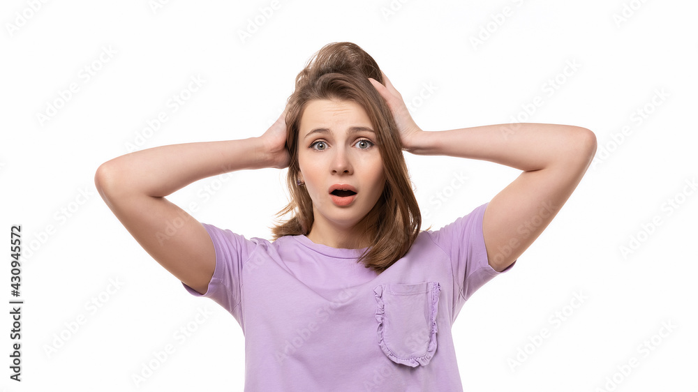 close up portrait of worried and anxious girl, grab head and panicking, staring alarmed, dont know what do close up portrait of worried and anxious girl, grab head and panicking, staring alarmed, dont know what do