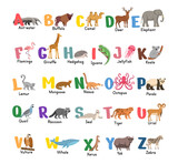 Alphabet with animals.Isolated capital letters with related animals, birds. Symbols pack for kids ABC book, education poster. 