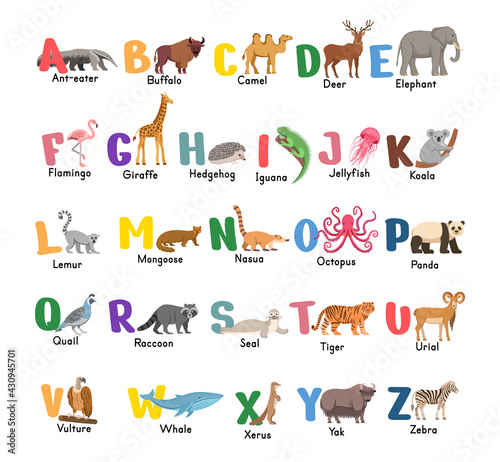Fototapeta Naklejka Na Ścianę i Meble -  Alphabet with animals.Isolated capital letters with related animals, birds. Symbols pack for kids ABC book, education poster. 