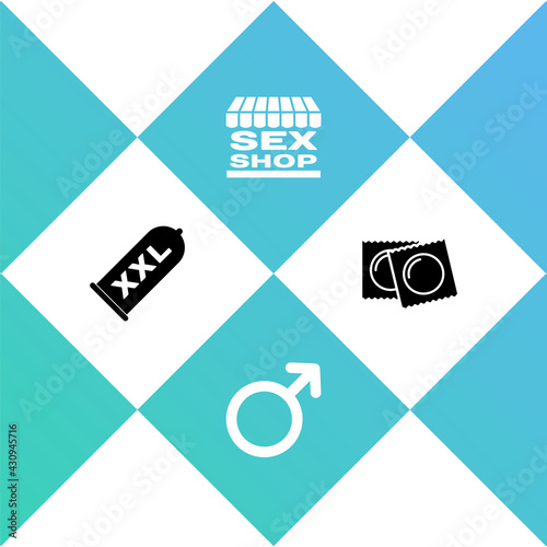 Set Condom safe sex, Male gender symbol, Sex shop building and Condoms package icon. Vector
