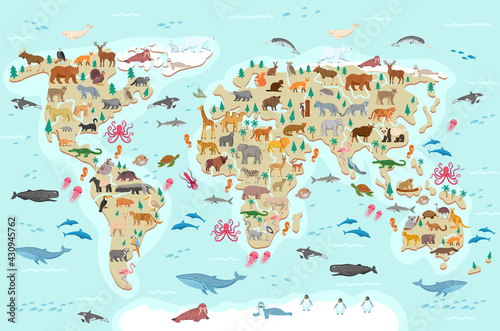 The vector world map with flat cartoon wild animals for kids.South America,Asia,Europe,North America,Africa,Australia,Atlantic Ocean,Indian Ocean,Pacific Ocean,Arctic Ocean with different animals.