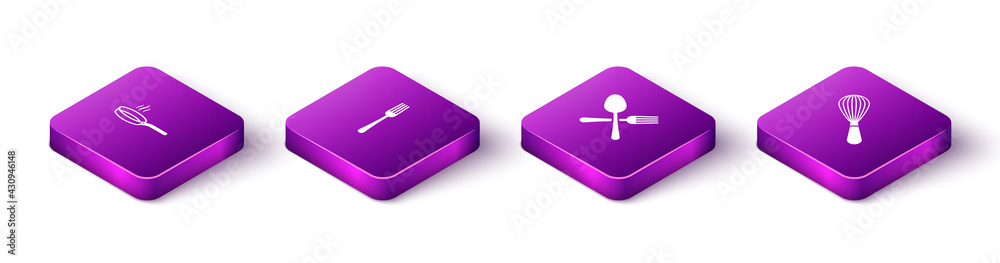 Set Isometric Frying pan, Fork, Crossed fork and spoon and Kitchen whisk icon. Vector Set Isometric Frying pan, Fork, Crossed fork and spoon and Kitchen whisk icon. Vector