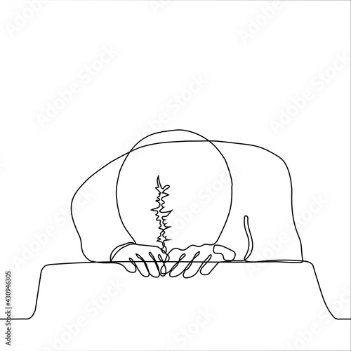 man shrank and put his head on the table face down on closed palms - one line drawing vector. the concept of grief, fatigue, powerless, despair, hopelessness, depression