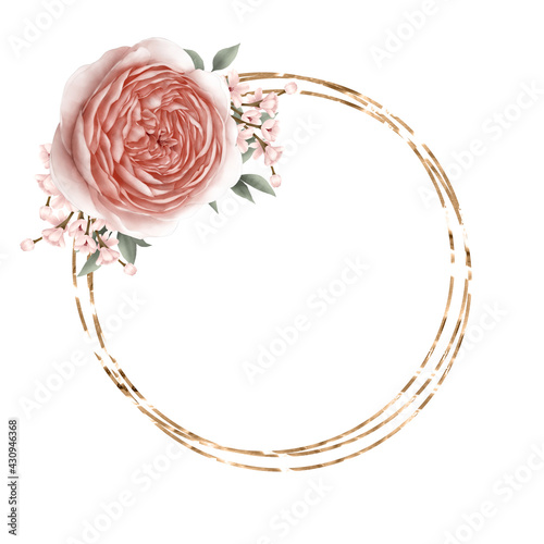 red rose with golden frame on a white background 