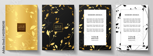 Luxury cover, frame design set with golden leaf (branch) pattern on gold and black background. Natural premium vector collection for wedding, menu, summer holiday poster, spring catalog template