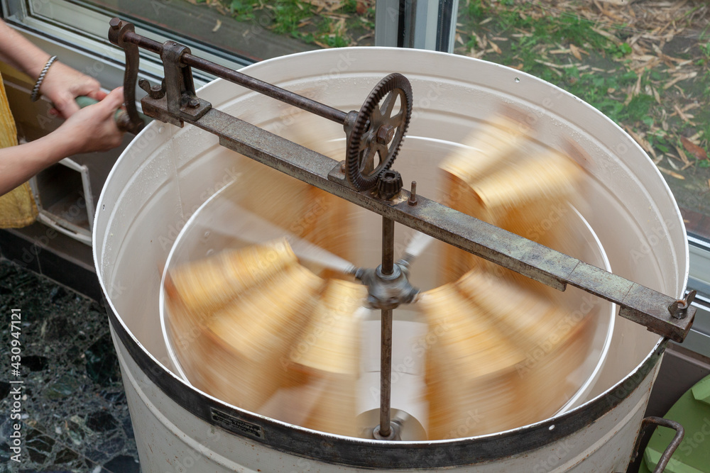 Apiculture - Extraction du miel par centrifugeuse - extracteur manuel avec  des cadres de miel en rotation - pose longue Stock Photo | Adobe Stock