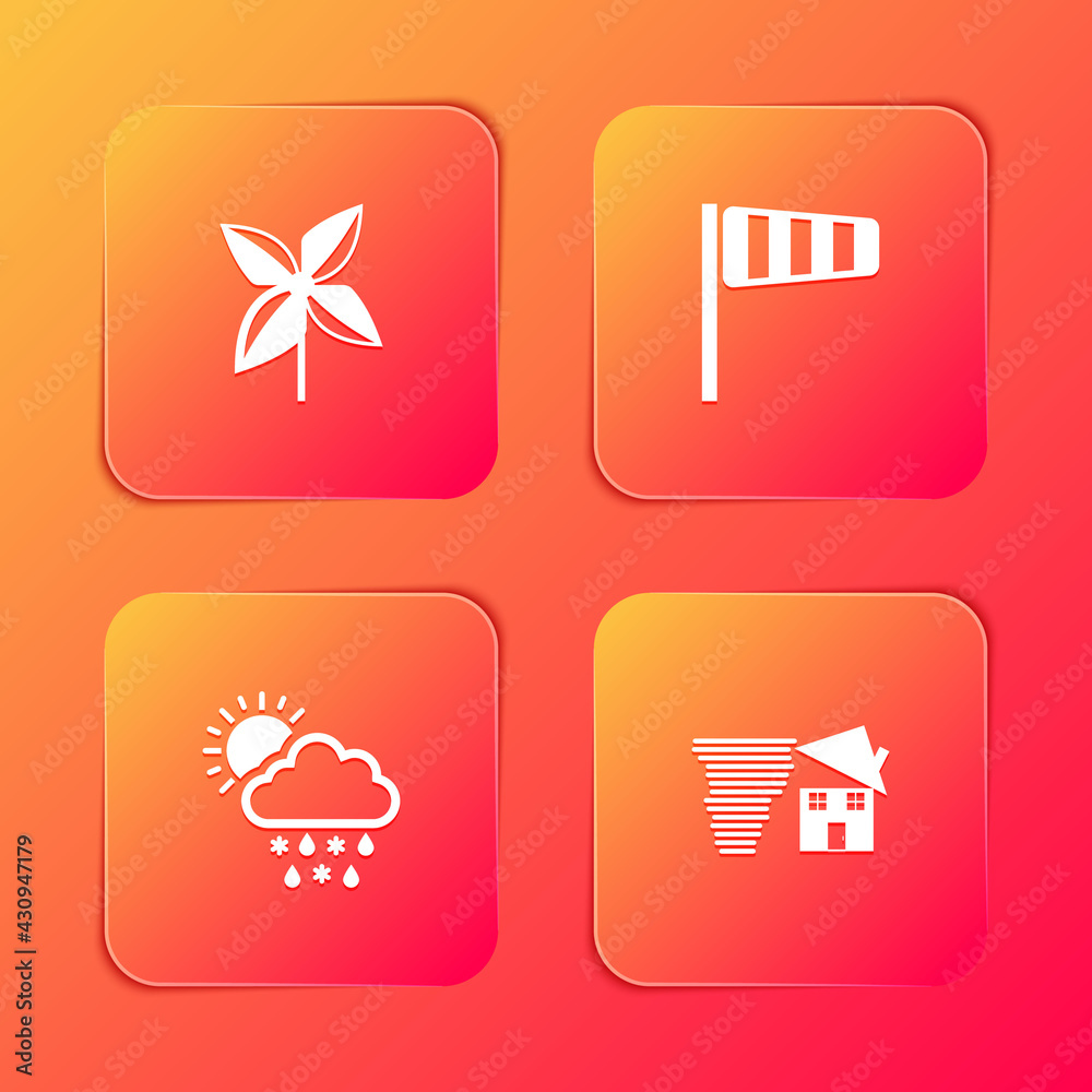 Set Pinwheel, Cone windsock wind vane, Cloud with snow, rain, sun and Tornado swirl icon. Vector