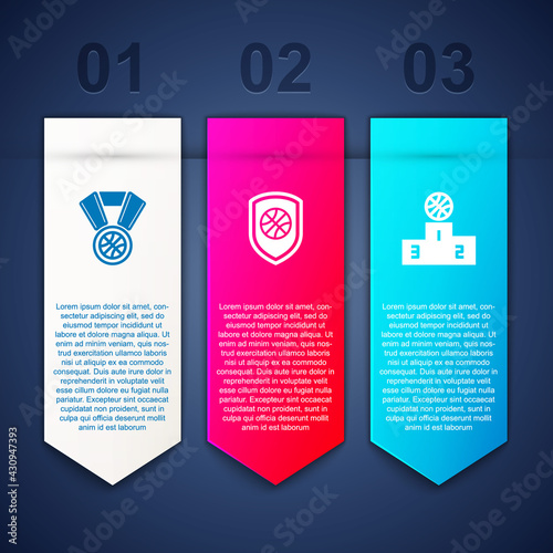 Set Basketball medal, Shield in the basketball and Sports winner podium. Business infographic template. Vector