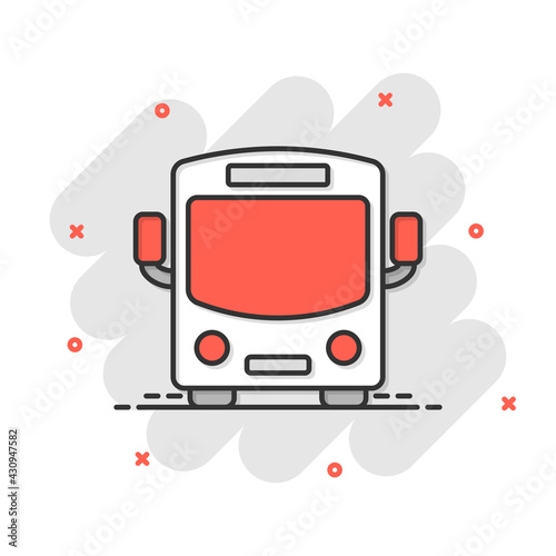 Bus icon in comic style. Coach car cartoon vector illustration on white isolated background. Autobus splash effect business concept.