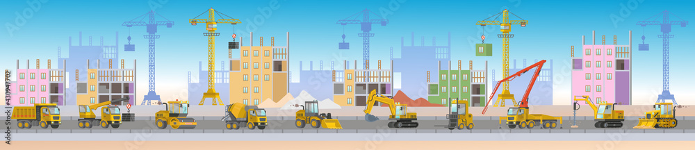 Panorama of construction site. Сonstruction with construction site truck, excavator, crane, roller, drill, loader bulldozer, road roller, drilling tractor, dump truck, concrete mixer, forklift.