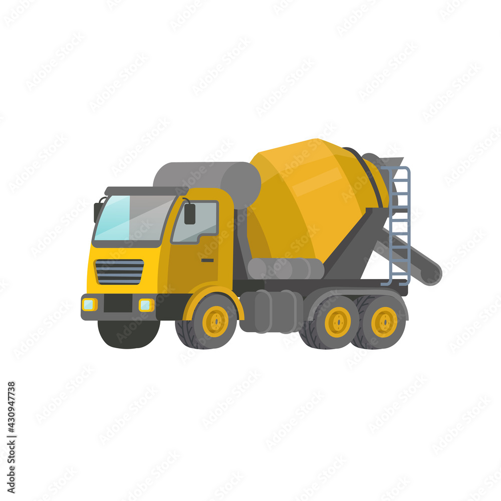 Yellow concrete mixer isolated on white background. Construction machinery flat vector illustration. Yellow concrete mixer isolated on white background. Construction machinery flat vector illustration.