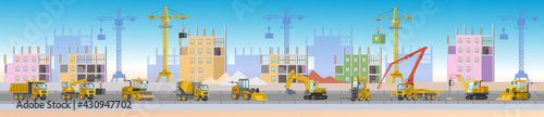 Panorama of construction site. Сonstruction with construction site truck, excavator, crane, roller, drill, loader bulldozer, road roller, drilling tractor, dump truck, concrete mixer, forklift.