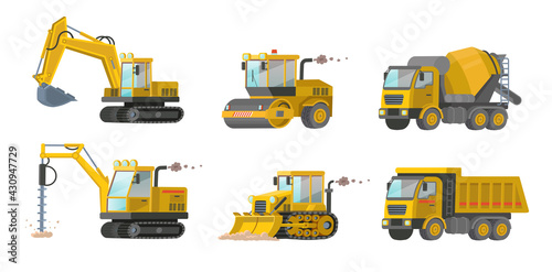 Construction equipment set. Construction site transport, truck, excavator,  roller, drill, loader bulldozer, road roller, drilling tractor, dump truck, concrete mixer.