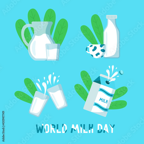 World milk day. Set of elements. Text, Jug, glass of milk, glasses bumping, carton of milk, splashing milk