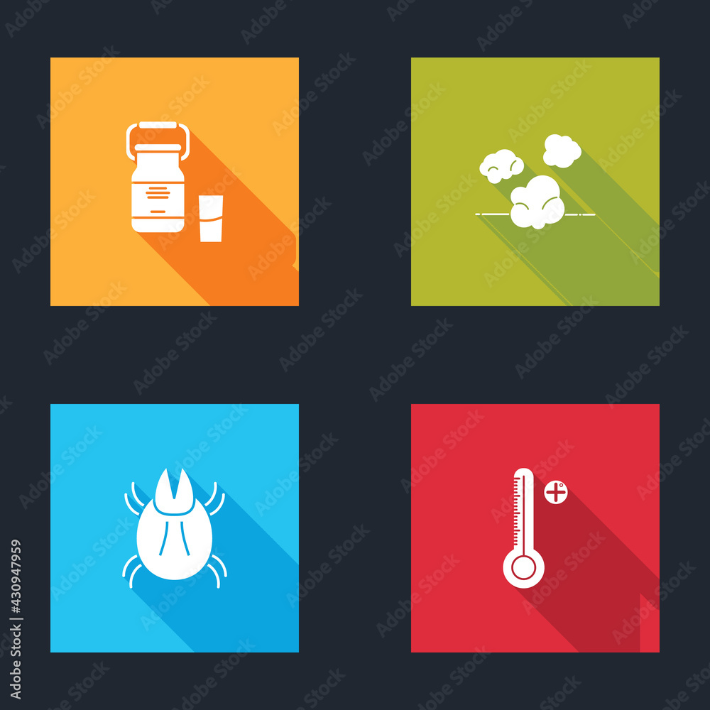 Set Can container for milk, Dust, Parasite mite and Medical digital thermometer icon. Vector Set Can container for milk, Dust, Parasite mite and Medical digital thermometer icon. Vector