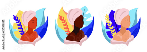 A group of girls with a towel on their head on a background of bright leaves. Body and face care