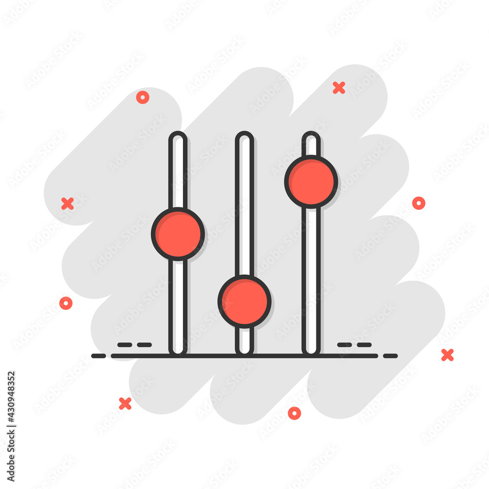 Control volume icon in comic style. Audio adjusting cartoon sign vector illustration on white isolated background. Filter splash effect business concept. Control volume icon in comic style. Audio adjusting cartoon sign vector illustration on white isolated background. Filter splash effect business concept.