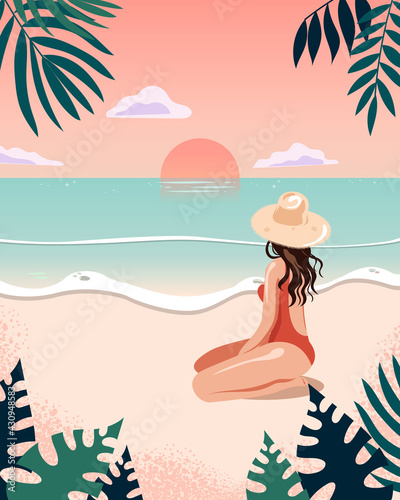 Sexy woman at the beach watching sunset. Flat vector summer design card.