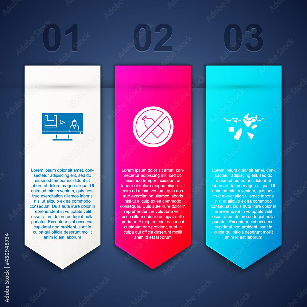 Set Stop plastic pollution, No bottle and Problem of planet. Business infographic template. Vector
