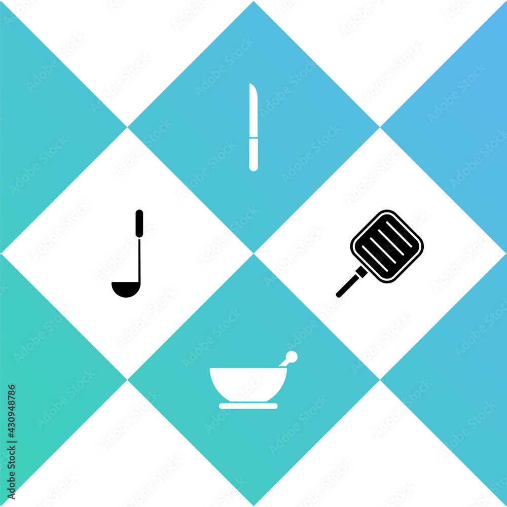 Set Kitchen ladle, Mortar and pestle, Knife and Frying pan icon. Vector Set Kitchen ladle, Mortar and pestle, Knife and Frying pan icon. Vector