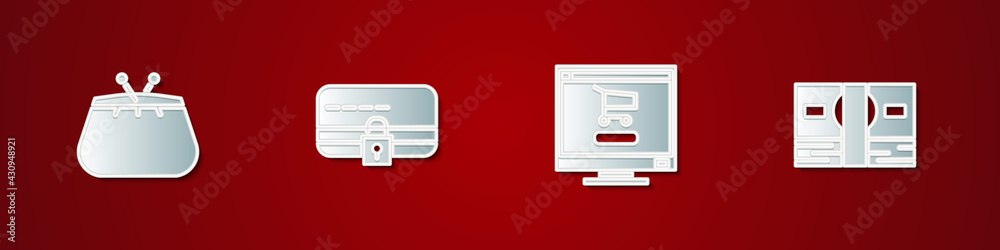 Set Wallet, Credit card with lock, Shopping cart on computer and Stacks paper money cash icon. Vector Set Wallet, Credit card with lock, Shopping cart on computer and Stacks paper money cash icon. Vector