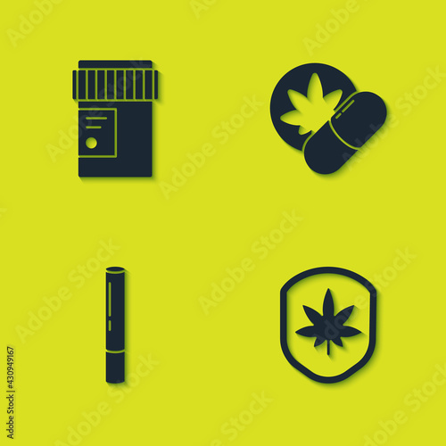 Set Medical bottle with cannabis, Shield and marijuana leaf, Marijuana joint and Herbal ecstasy tablets icon. Vector