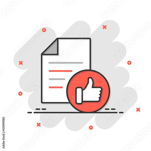 Approved document icon in comic style. Authorize cartoon vector illustration on white isolated background. Agreement check mark splash effect business concept.