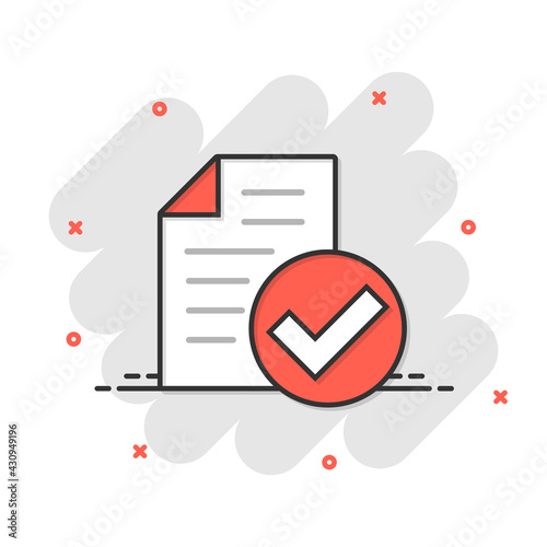 Approved document icon in comic style. Authorize cartoon vector illustration on white isolated background. Agreement check mark splash effect business concept.