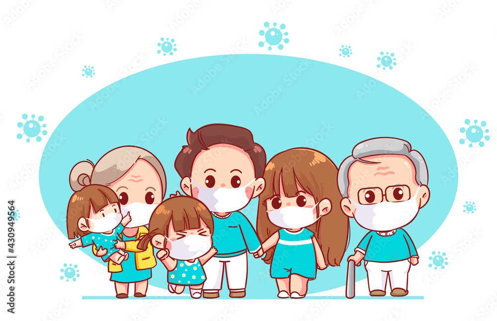 Fototapeta premium Happy family wearing protective Medical mask for prevent virus cartoon art illustration
