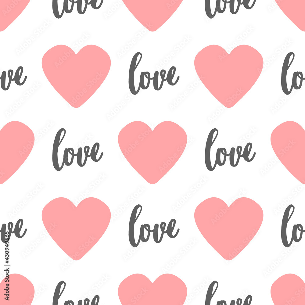 Repeating pink hearts and handwritten word love vector seamless pattern.
