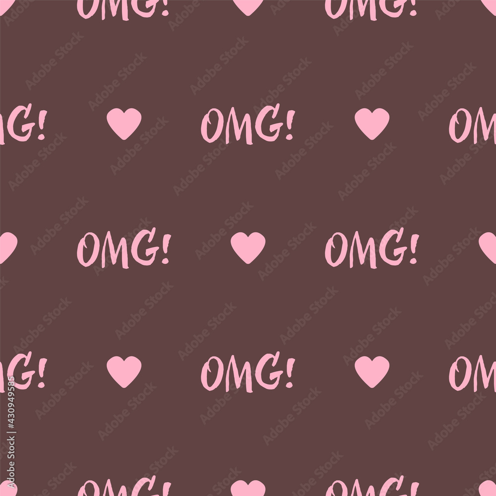 Repeating pink hearts and handwritten Oh My God abbreviation OMG! vector seamless pattern.