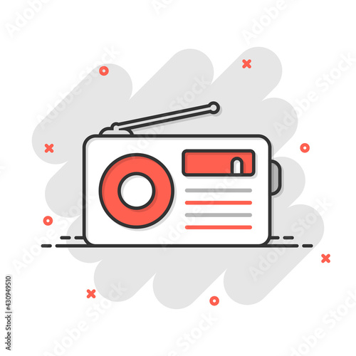 Radio icon in comic style. Fm broadcast cartoon vector illustration on white isolated background. Radiocast splash effect business concept. photo