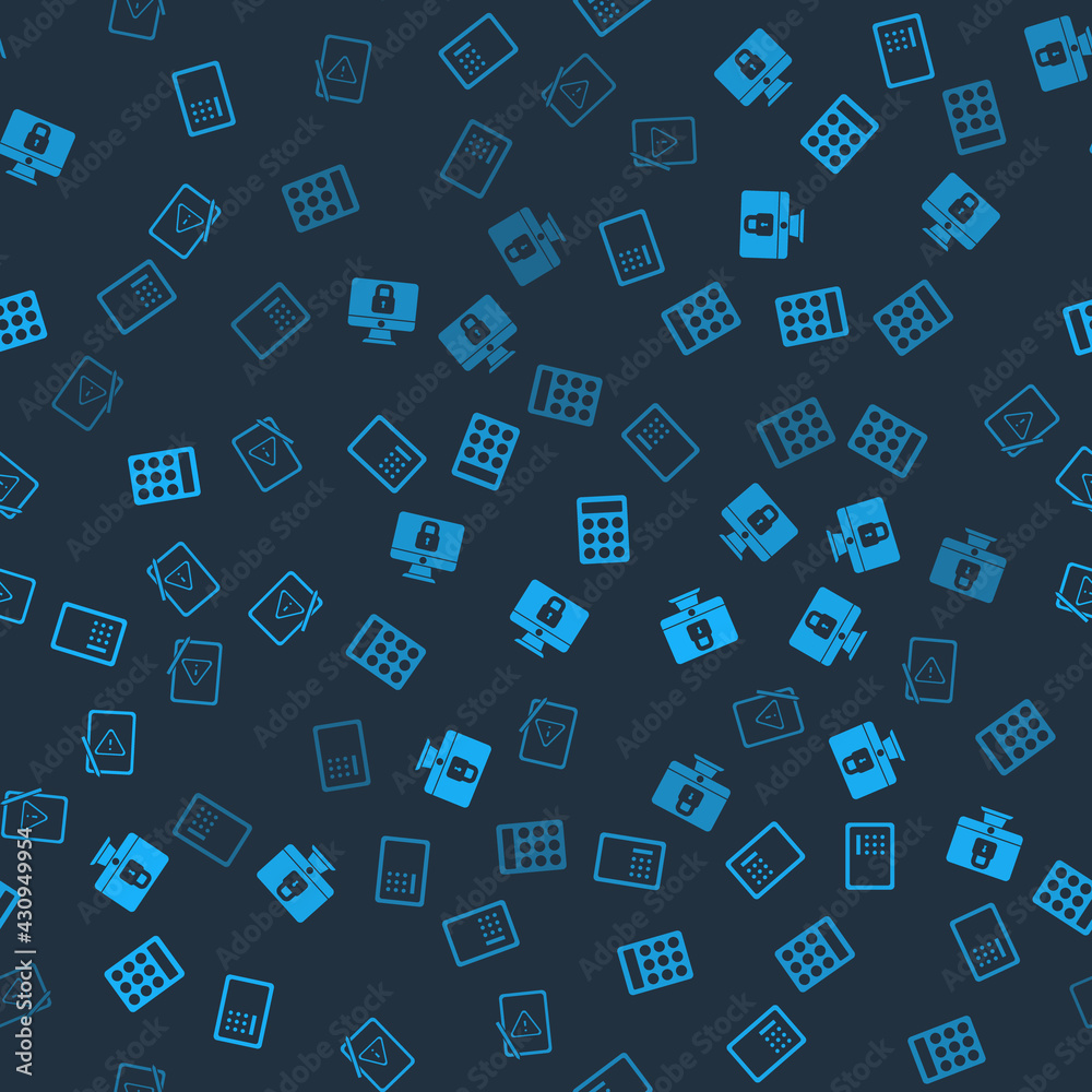 Set Safe, Lock on computer monitor, Password protection and Tablet with exclamation mark on seamless pattern. Vector Set Safe, Lock on computer monitor, Password protection and Tablet with exclamation mark on seamless pattern. Vector