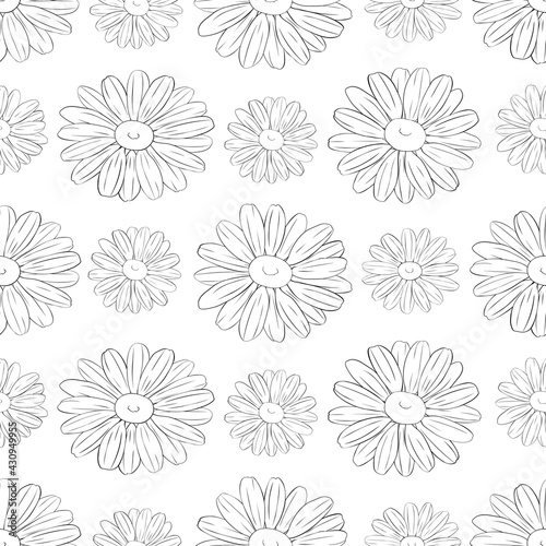 Fototapeta Naklejka Na Ścianę i Meble -  Seamless pattern flowers daisies graphics lines black and white  vector illustration