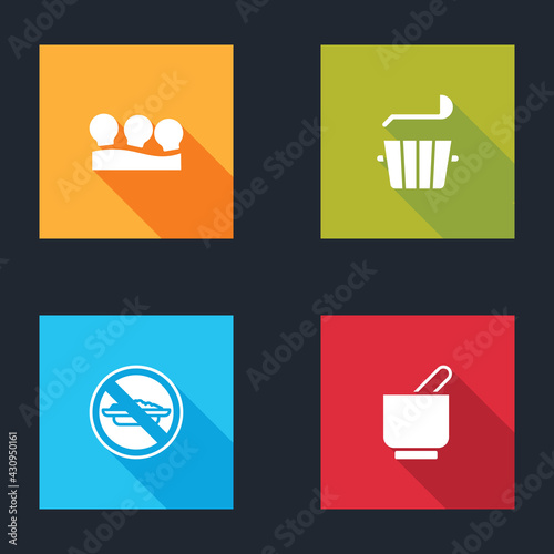 Set Vacuum cans, Sauna bucket and ladle, Food no diet and Mortar pestle icon. Vector
