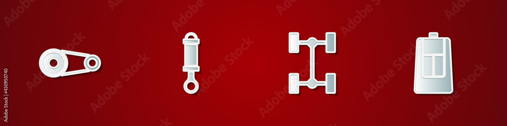 Set Timing belt kit, Shock absorber, Chassis car and Car key with remote icon. Vector Set Timing belt kit, Shock absorber, Chassis car and Car key with remote icon. Vector