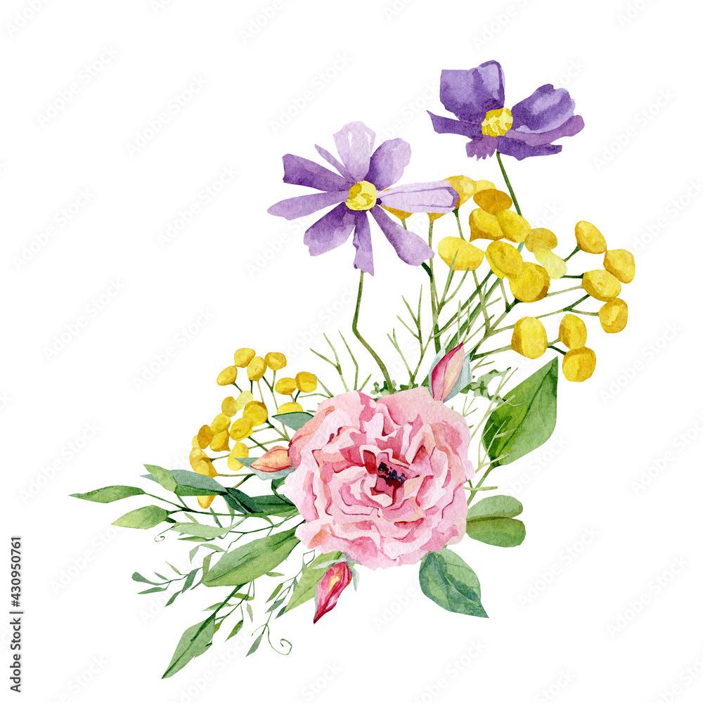 Watercolor bright wild flower bouquet. Arragement composition with meadow wildflowers, herbs, leaves, branches, twigs, foliage for wedding invite, bridal shower, baby shower, logo design.
