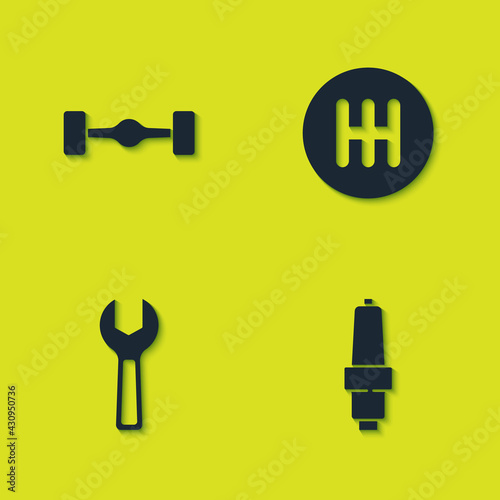 Set Chassis car, Car spark plug, Wrench spanner and Gear shifter icon. Vector