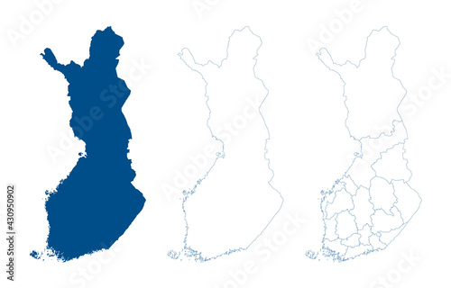 Finland map vector. High detailed vector outline, blue silhouette and administrative divisions map of Finland. All isolated on white background. Template for website, design, cover, infographics
