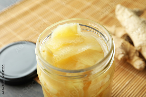 Jar of pickled ginger slices  close up