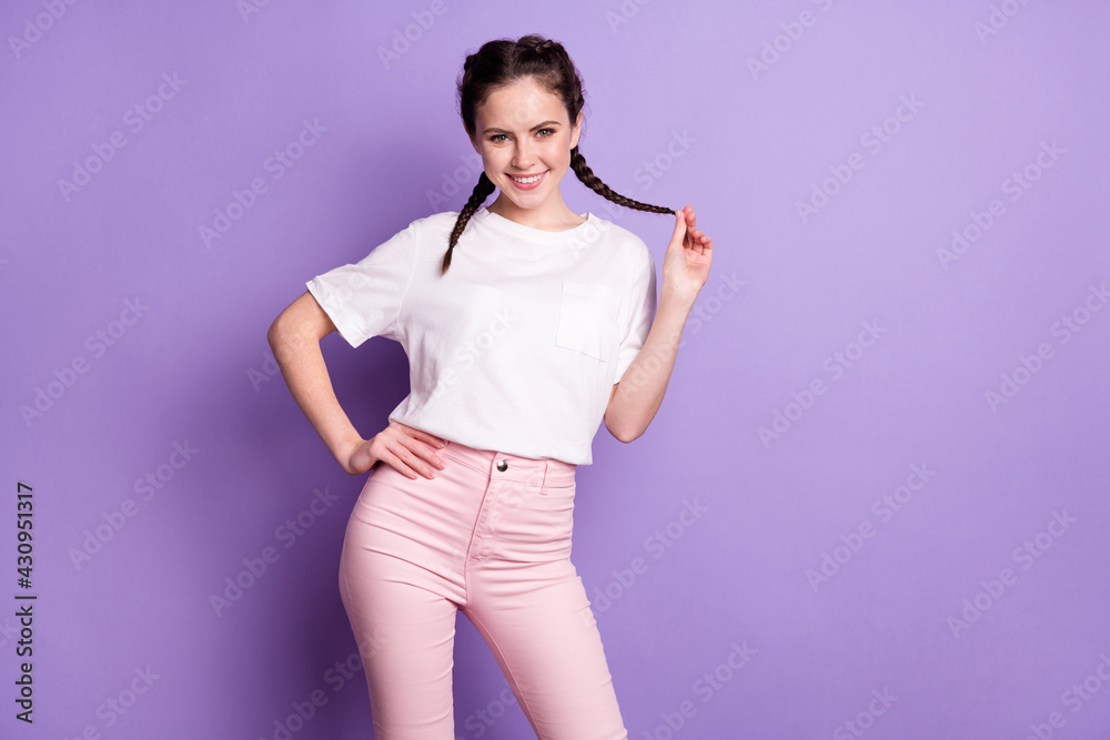 Photo of young attractive girl happy positive smile confident flirty isolated over violet color background Photo of young attractive girl happy positive smile confident flirty isolated over violet color background