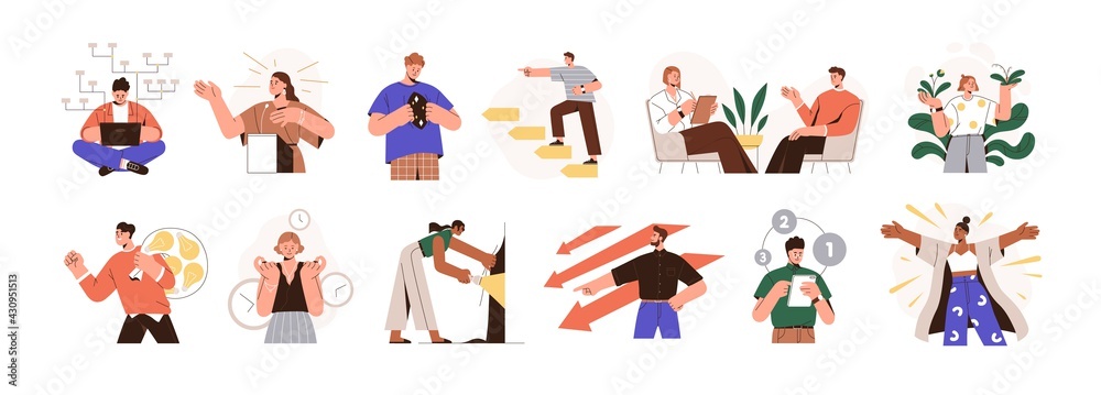 MBTI person types set. Different mindsets, behavior models, mental perceiving and thoughts. Psychological concept. Colored flat graphic vector illustration of people isolated on white background