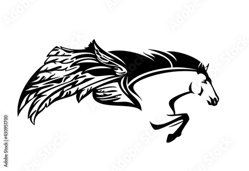 pegasus winged horse head and front legs - mythical animal flying forward black and white vector design