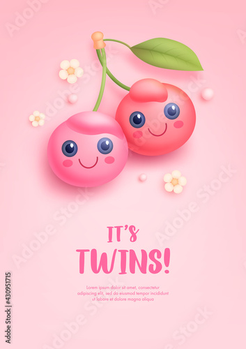 Baby shower invitation with cartoon cherry twins and flowers on pink background. It's twins. Vector illustration