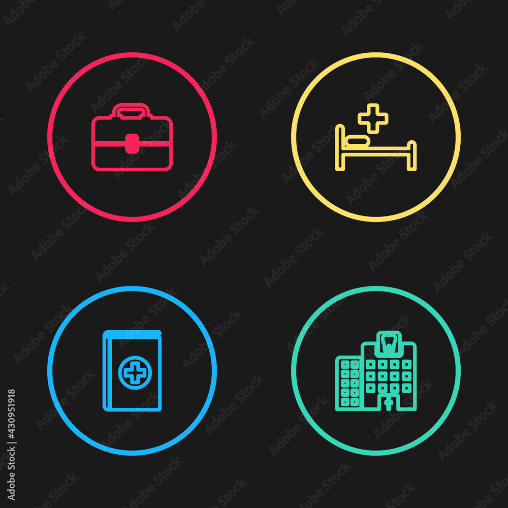 Set line Medical book, Dental clinic, Hospital bed and Toolbox icon. Vector Set line Medical book, Dental clinic, Hospital bed and Toolbox icon. Vector