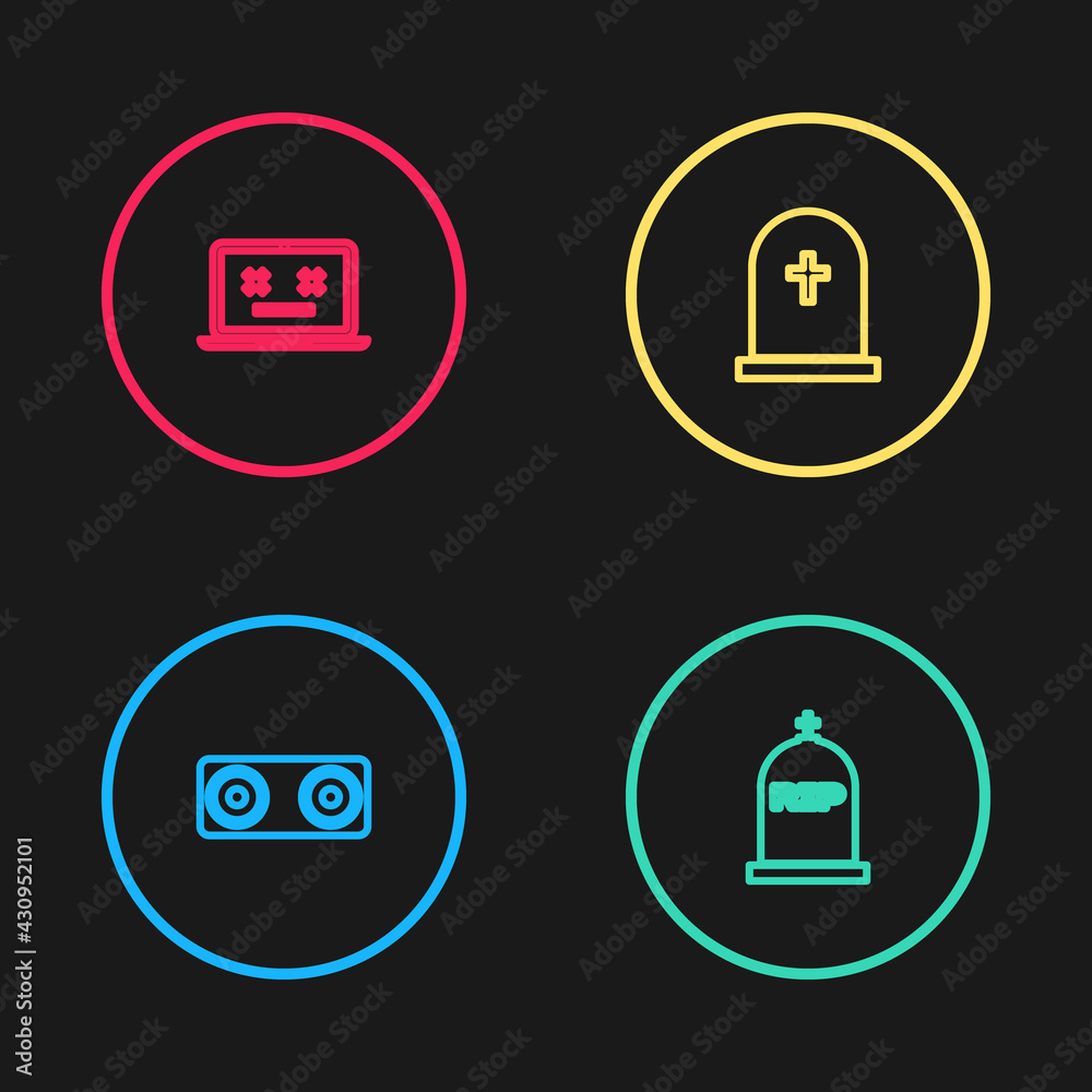 Set line Stereo speaker, Tombstone with RIP written, cross and Dead laptop icon. Vector Set line Stereo speaker, Tombstone with RIP written, cross and Dead laptop icon. Vector