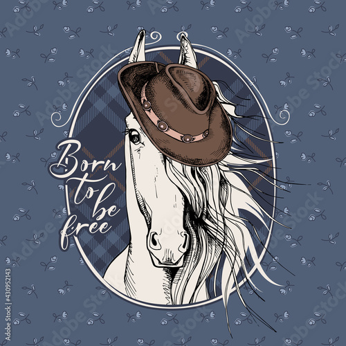 Portrait of a Horse in a cowgirl hat on a checkered background. Born to be free - lettering quote. T-shirt composition, hand drawn style print. Vector illustration.