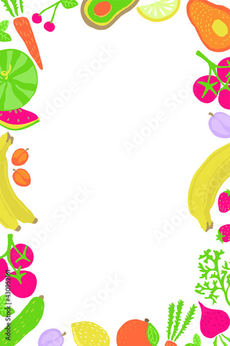 Vector frame with vegetables and fruits for blank decoration. Isolated on a white background. Menu, poster design, in childish cute fun style, hand-drawn, free hand.  Modern, stylish, eco background.