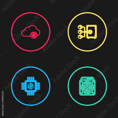 Set line Processor chip with dollar, ASIC Miner, Proof of stake and Cryptocurrency cloud mining icon. Vector