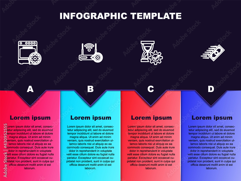 Set line Oven setting, Router and wi-fi, Hourglass and Fast payments. Business infographic template. Vector Set line Oven setting, Router and wi-fi, Hourglass and Fast payments. Business infographic template. Vector